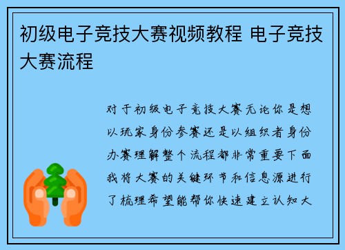 初级电子竞技大赛视频教程 电子竞技大赛流程